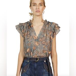 ULLA JOHNSON Alva Ruffled Printed Cotton-Blend‎ Top in Aegean Size 2